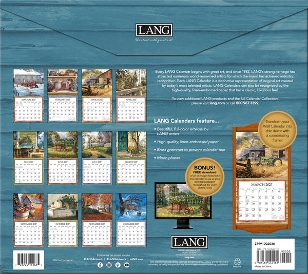 Calendrier mural LANG Simple Country 2027 : présentation des illustrations et du dos du calendrier.