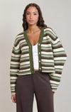 Cardigan rayé Dex, coloris rayures vertes, brunes et crème, autre vue du vêtement porté