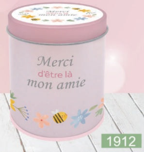 Bougie InnerVoice en boîte métallique décorée, modèle « Merci d’être la, mon amie ».