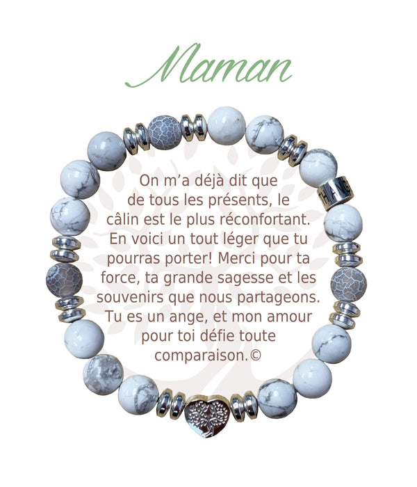 Bracelet Earth Angel « Maman » à perles blanches et grises, avec sa présentation en français.