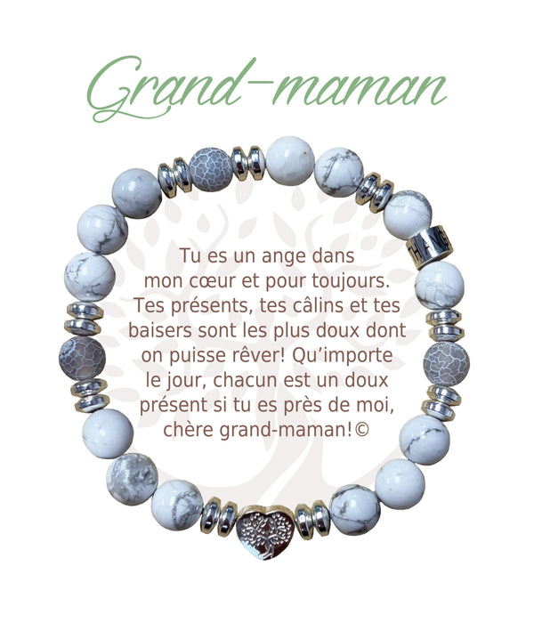 Bracelet Earth Angel « Grand-maman » à perles blanches et grises, avec sa présentation en français.