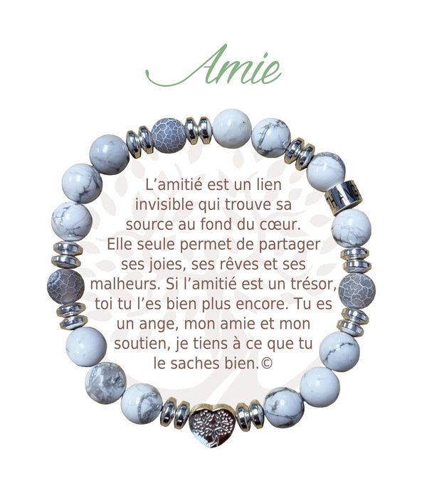 Bracelet Earth Angel « Amie » à perles blanches et grises, avec sa présentation en français.