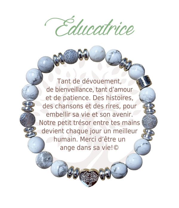 Bracelet Earth Angel « Éducatrice » à perles blanches et grises, avec sa présentation en français.