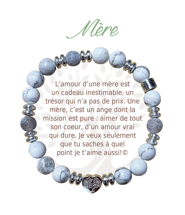 Bracelet Earth Angel « Mère » à perles blanches et grises, avec sa présentation en français.