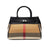 Structured vegan leather handbag with beige plaid pattern and black leather trim