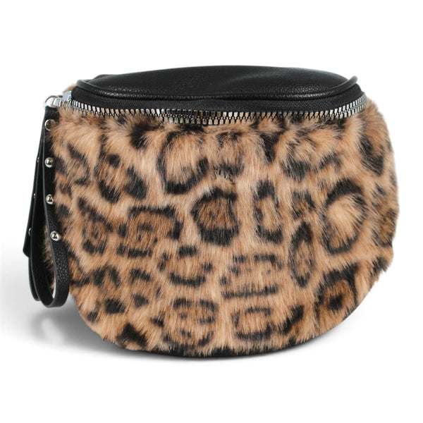 Sac banane Maison Taïga Deluxe en fausse fourrure à motif léopard avec détails en cuir noir et fermeture éclair