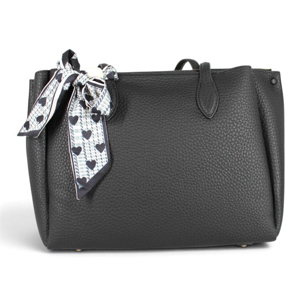 Sac à main Maison Taïga Évasion noir en PVC grainé avec foulard décoratif à motifs cœurs sur la anse
