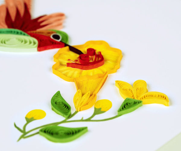 Carte de Vœux Colibri Quilling et Fleurs Jaunes