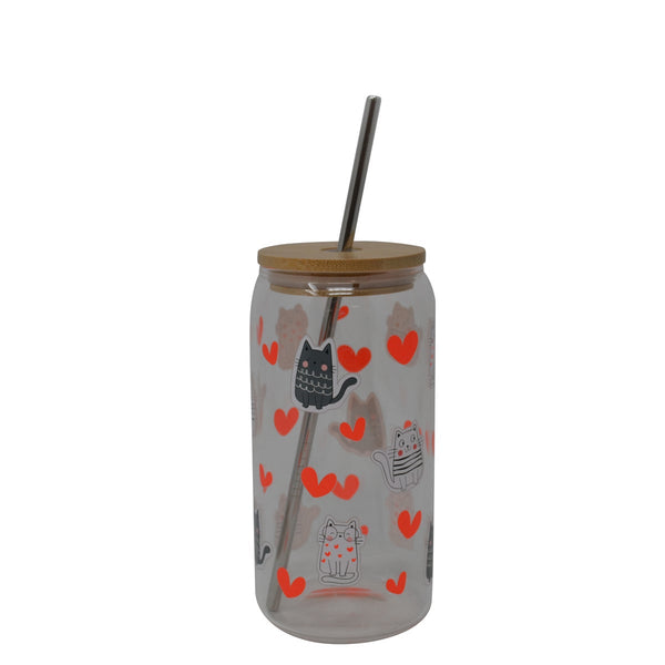 Verre avec couvercle et paille – Chats et cœurs, 500 ml – vue du produit