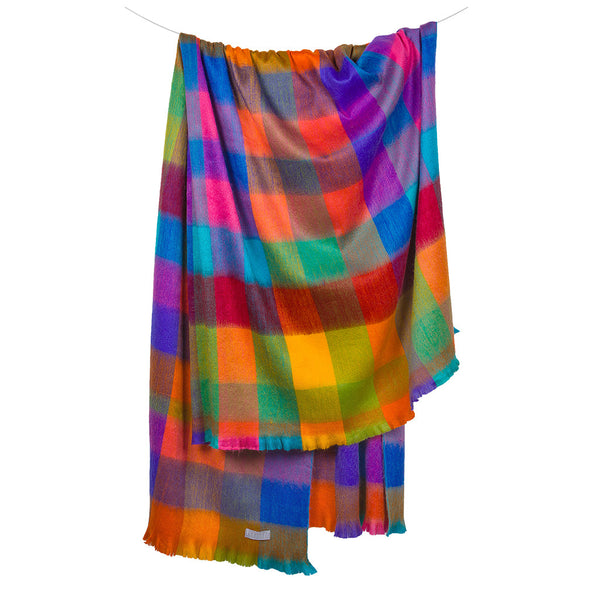 Couverture double à franges en mélange d’alpaga – Carreaux multicolores – Pokoloko