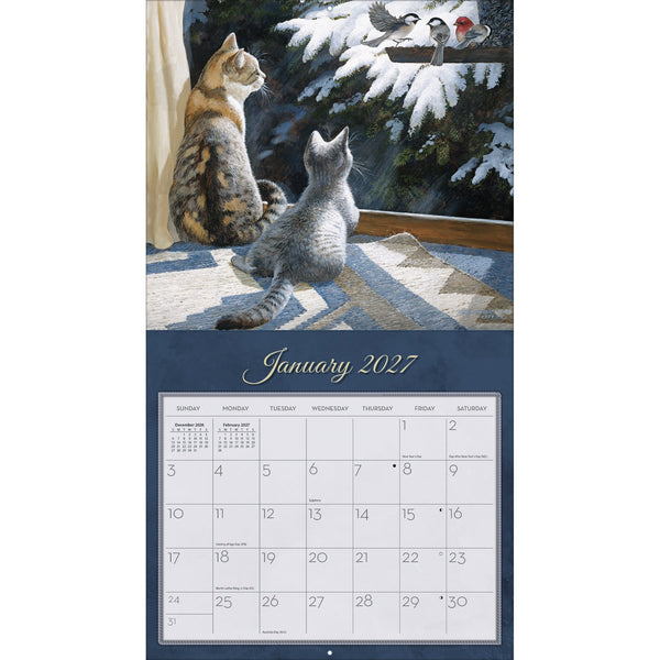 Calendrier mural LANG Love of Cats 2027 : page de janvier 2027 et un chat à la fenêtre.