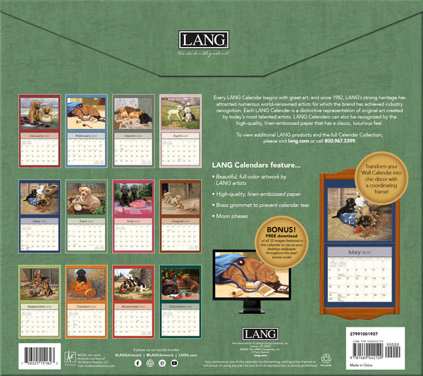 Calendrier mural LANG Puppy 2027 : présentation des illustrations et du dos du calendrier.