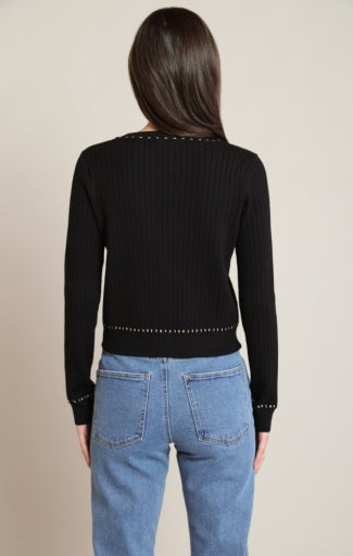 Cardigan à détails contrastants dorés Dex, coloris noir avec détails dorés, vue de dos
