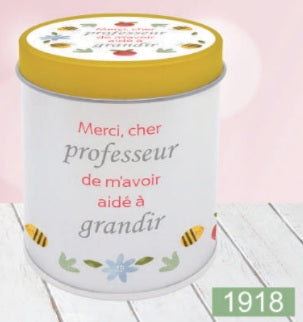Bougie InnerVoice en boîte métallique décorée, modèle « Merci, cher professeur de m’avoir aidé à grandir ».