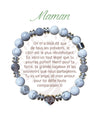 Bracelet Earth Angel « Maman » à perles blanches et grises, avec sa présentation en français.
