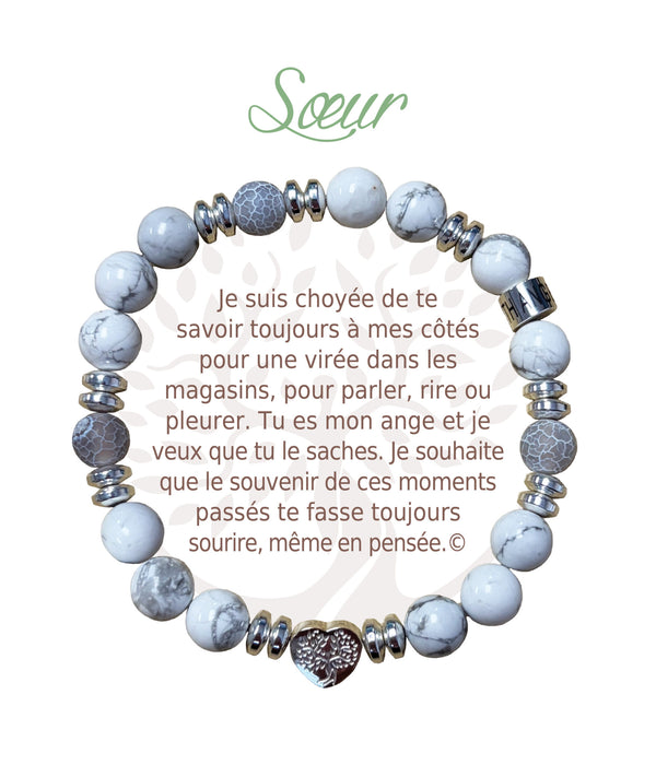 Bracelet Earth Angel « Sœur » à perles blanches et grises, avec sa présentation en français.