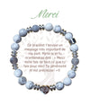 Bracelet Earth Angel « Merci » à perles blanches et grises, avec sa présentation en français.
