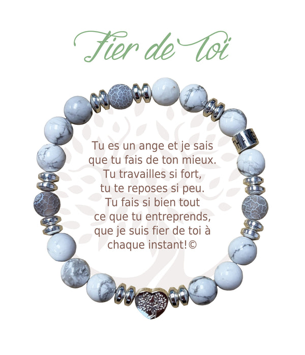 Bracelet Earth Angel « Fier de toi » à perles blanches et grises, avec sa présentation en français.