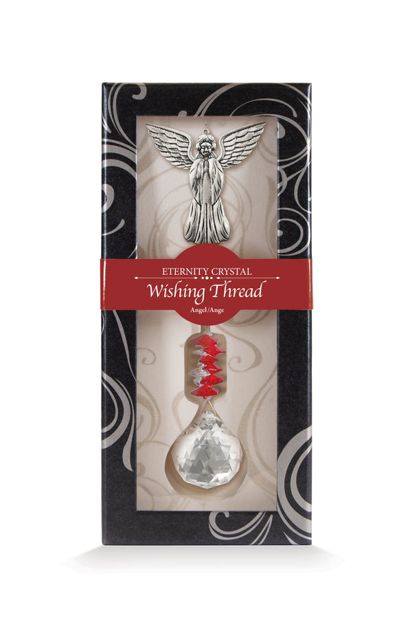 Fil à vœux Ange Eternity Crystal présenté dans sa boîte illustrée avec son cristal facetté.