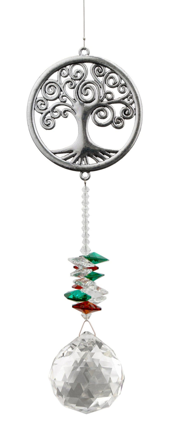 Attrape-soleil Arbre de vie Eternity Crystal : motif argenté représentant un arbre de vie dans un cercle, perles vertes et cristal transparent facetté.