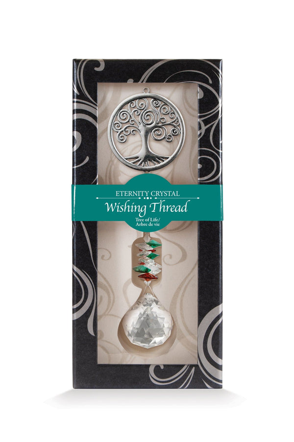 Fil à vœux Arbre de vie Eternity Crystal présenté dans sa boîte illustrée avec son cristal facetté.