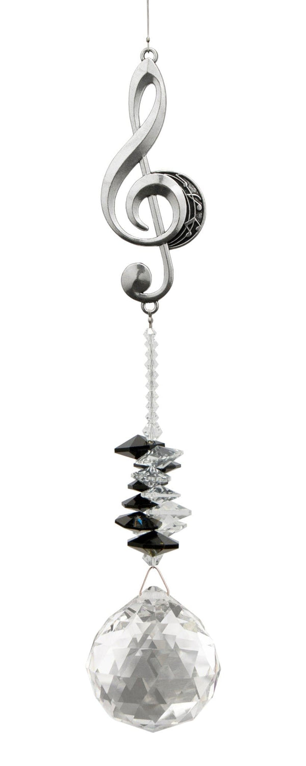 Attrape-soleil Clé de sol Eternity Crystal : motif argenté représentant une clé de sol, perles sombres et cristal transparent facetté.