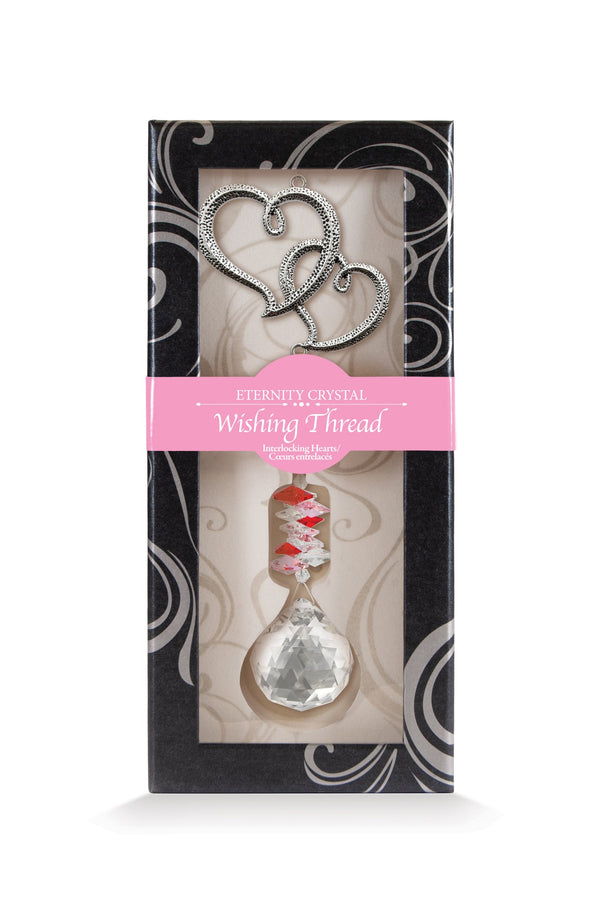 Fil à vœux Cœurs entrelacés Eternity Crystal présenté dans sa boîte illustrée avec son cristal facetté.