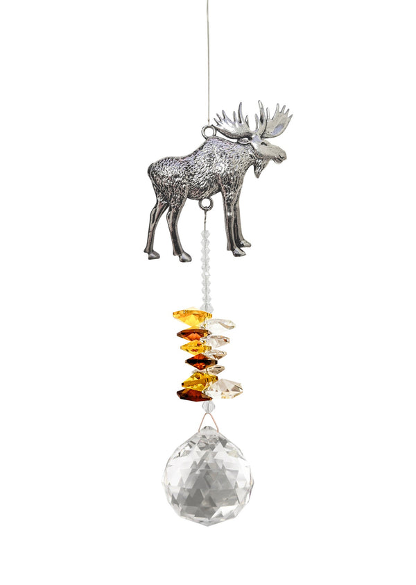 Attrape-soleil Orignal Eternity Crystal : motif argenté représentant un orignal, perles ambrées et cristal transparent facetté.
