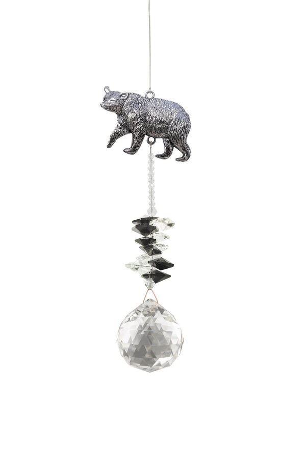 Attrape-soleil Ours noir Eternity Crystal : motif argenté représentant un ours, perles sombres et cristal transparent facetté.