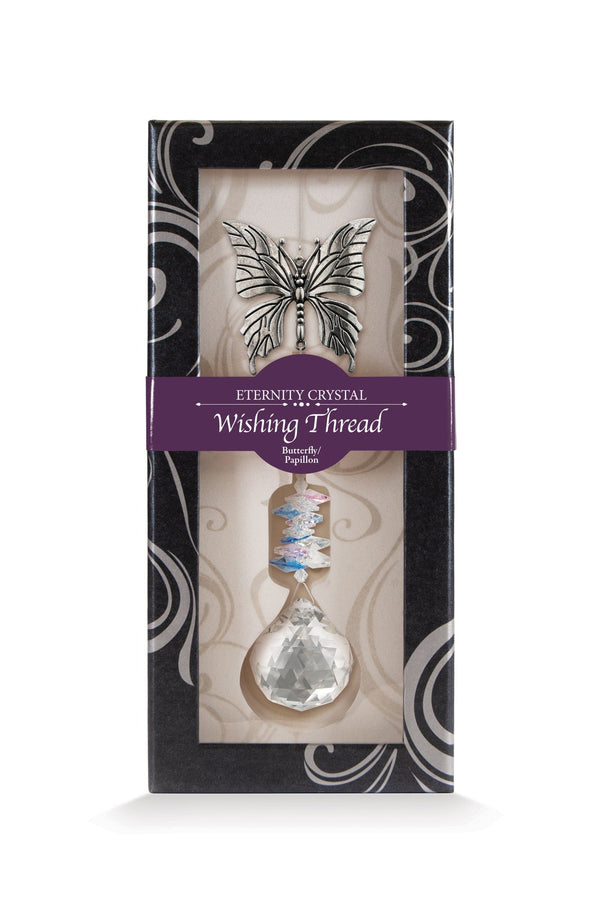Fil à vœux Papillon Eternity Crystal présenté dans sa boîte illustrée avec son cristal facetté.