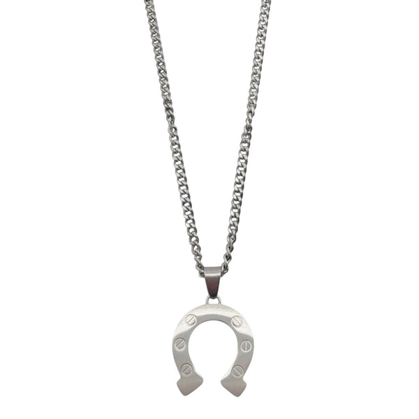 La Maison du Bleuet matte silver horseshoe pendant necklace in 316L stainless steel with a 22-inch curb chain