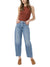 Maison Taïga high-waisted barrel leg jeans in dark indigo denim with angled side seams and a relaxed tapered fit.