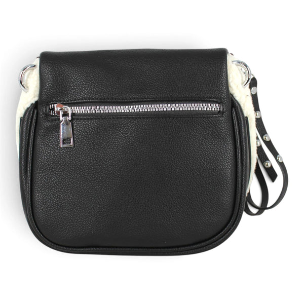 Sac banane Maison Taïga noir en cuir grainé avec détails en fausse fourrure blanche et fermeture éclair argentée