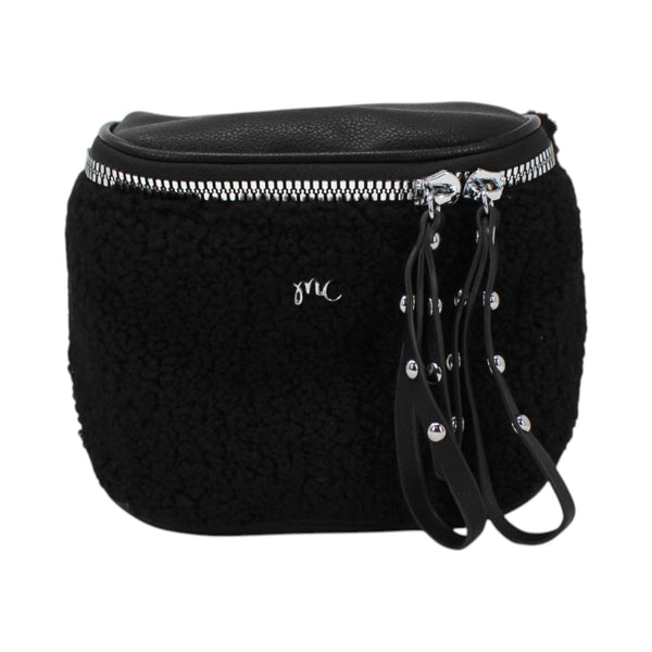 Sac banane Maison Taïga noir en fausse fourrure avec fermeture éclair argentée et détails en cuir