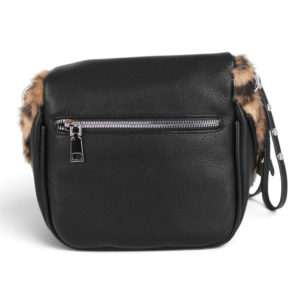 Sac banane Deluxe Maison Taïga noir en cuir grainé avec détails en fausse fourrure léopard et poche zippée arrière