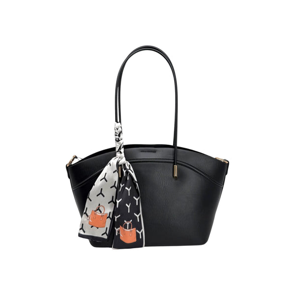 Sac à main noir Maison Taïga avec poignées fines et foulard décoratif imprimé noué sur l'anse