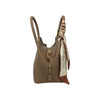 Maison Taïga taupe leather handbag with gold zipper and decorative patterned silk scarf tied to the handle