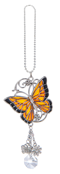 Ornement Ganz avec papillon orange et noir, chaînette et breloques argentées
