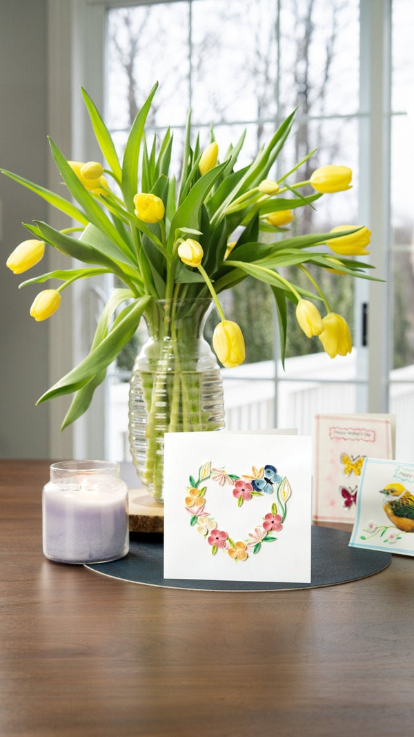 Carte de Vœux Couronne Florale Cœur en Papier Roulé