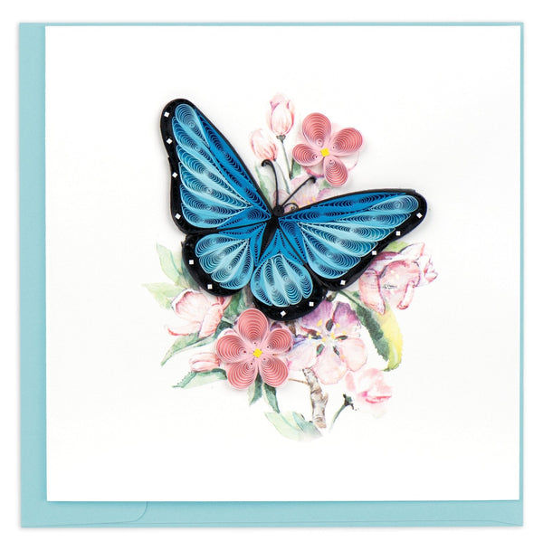 Carte de vœux papillon bleu et fleurs roses en papier roulé