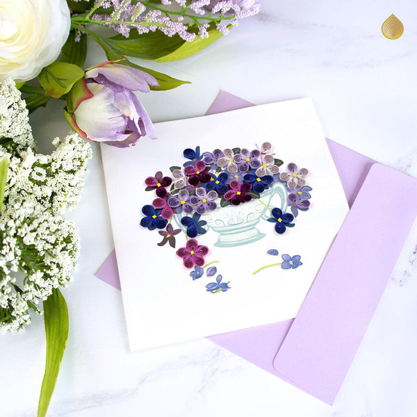 Carte de vœux bouquet de violettes en papier roulé