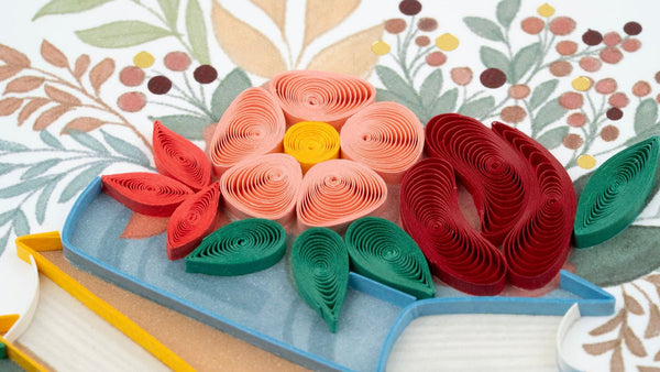 Carte de vœux livres et cupcake en papier quilling