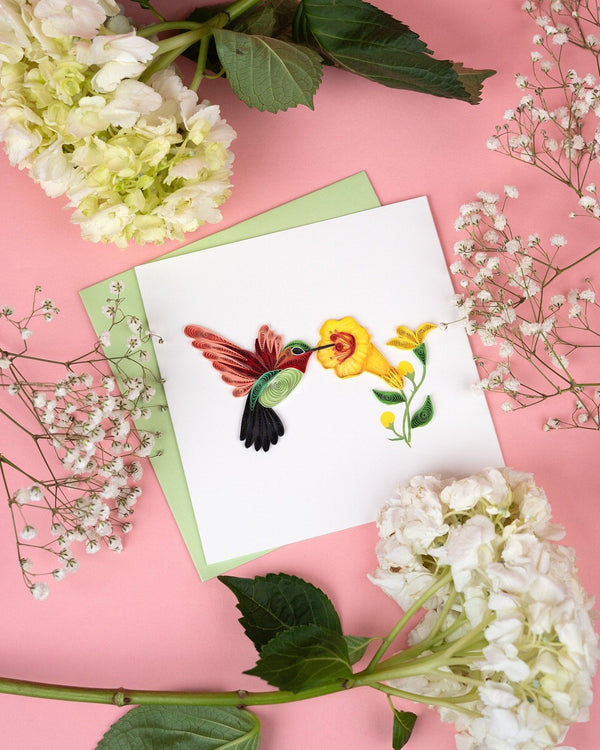 Carte de Vœux Colibri Quilling et Fleurs Jaunes