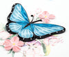 Carte de vœux papillon bleu et fleurs roses en papier roulé