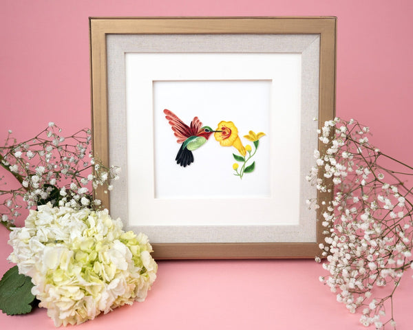 Carte de Vœux Colibri Quilling et Fleurs Jaunes