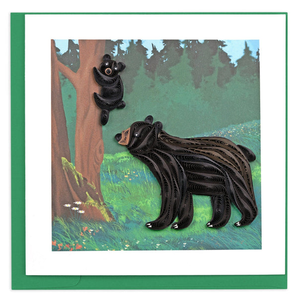 Carte de vœux Ours noir et ourson en papier quillé
