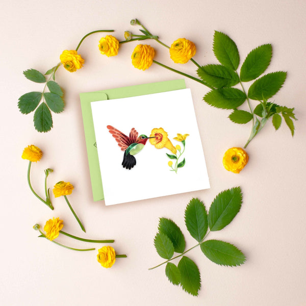 Carte de Vœux Colibri Quilling et Fleurs Jaunes