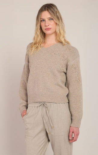 FLOWER EMBROIDERED SWEATER TOP