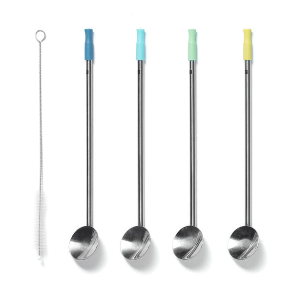 Pailles cuillères de couleur bleu foncé, aqua, vert et jaune avec brosse pour lavage